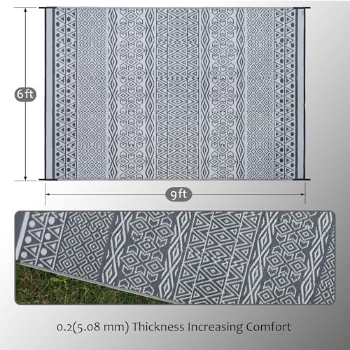 Sand Mine rugs - Gray bohemian stripe patterned outdoor mat showing 6x9 feet measurements with thickness detail closeup below