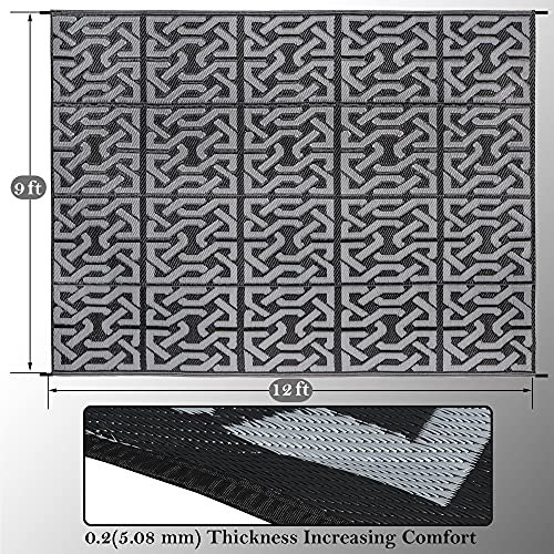 Sand Mine rugs - Gray celtic knot patterned outdoor mat showing 9x12 feet measurements with thickness detail closeup below