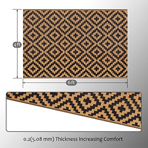 Sand Mine rugs - Black and tan diamond pattern outdoor rug showing 4x6 feet measurements with thickness detail closeup below